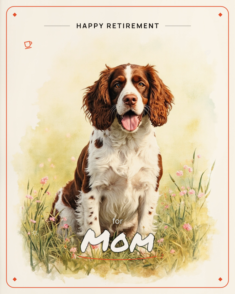 A liver-and-white spaniel sits front and centre in a sun-washed meadow, tongue out and ears hanging in soft waves, surrounded by tall grass and…, a retirement e-card design