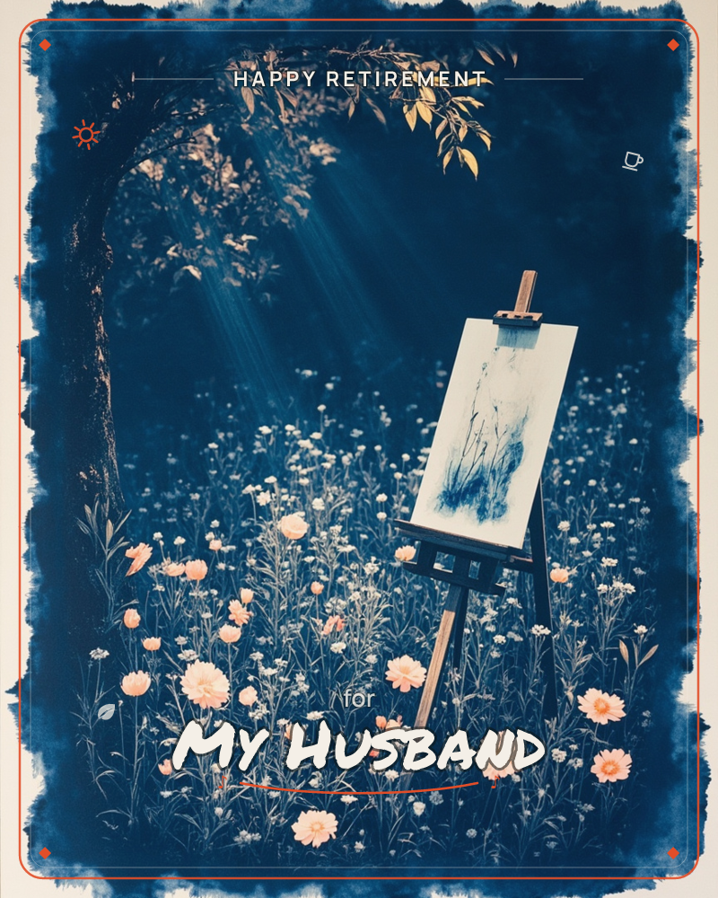 A cyanotype-style print shows a wooden easel standing alone in a meadow of small daisies and peach-colored blooms, sunlight filtering through an…, a retirement e-card design