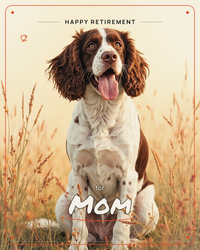 A brown and white spaniel sits amid tall golden grasses, tongue out and ears flopped, looking up with an eager, happy expression, a retirement e-card design