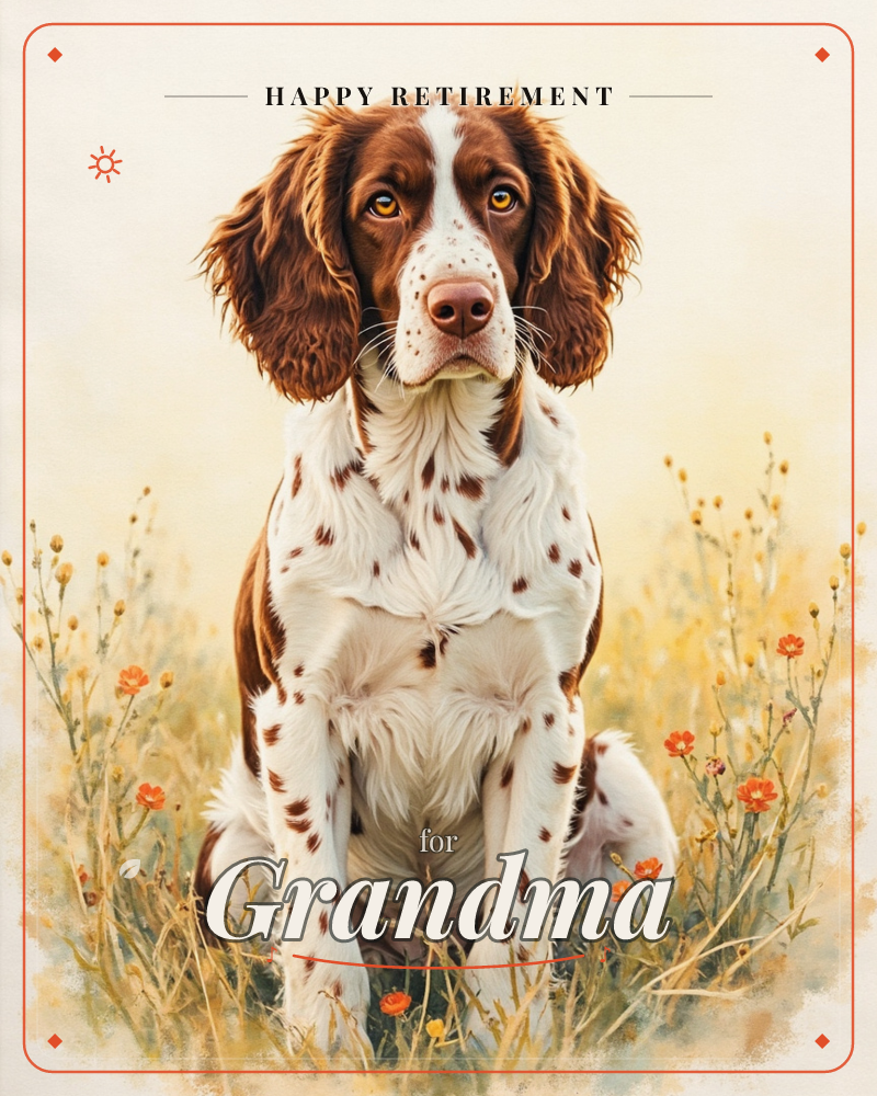 A liver-and-white spaniel sits upright in a golden meadow, ears draped forward and amber eyes fixed on the viewer, a retirement e-card design