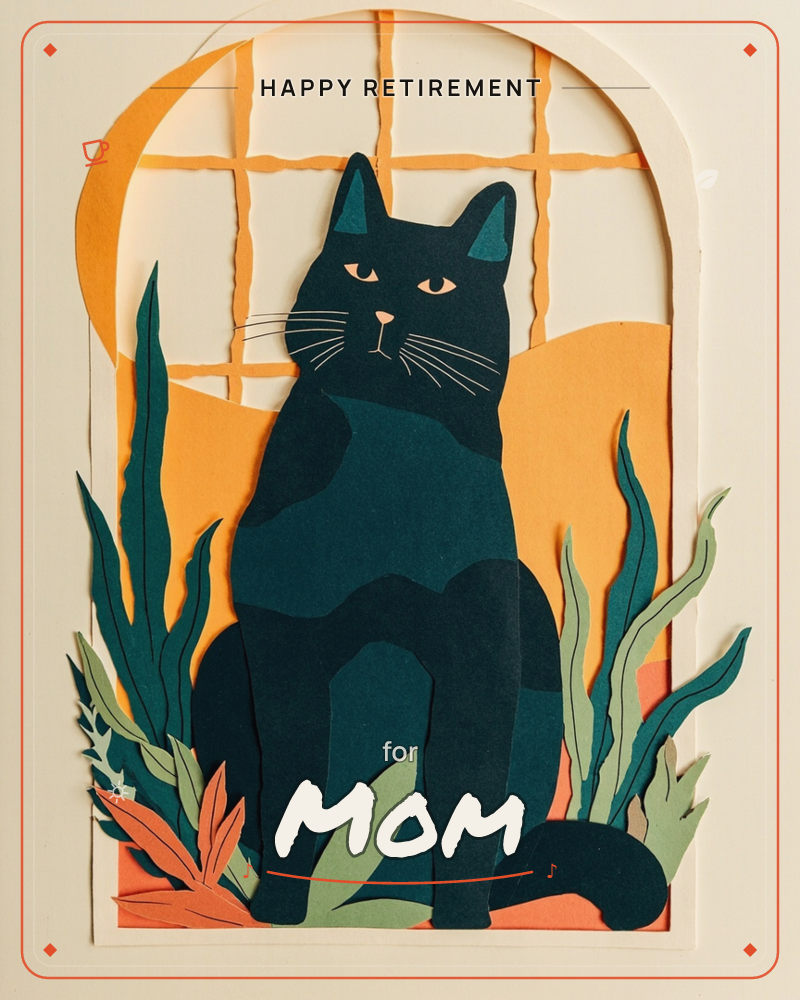 A layered paper-cut illustration shows a dark teal-black cat sitting upright in front of an arched, gridded window, with a warm orange moon-like glow…, a retirement e-card design