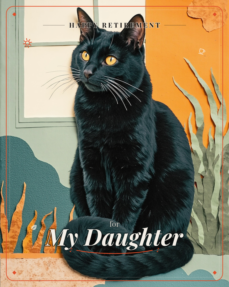 A sleek black cat sits upright with its tail curled neatly around its paws, golden eyes glowing against a layered paper-cut backdrop of dusty teal…, a retirement e-card design