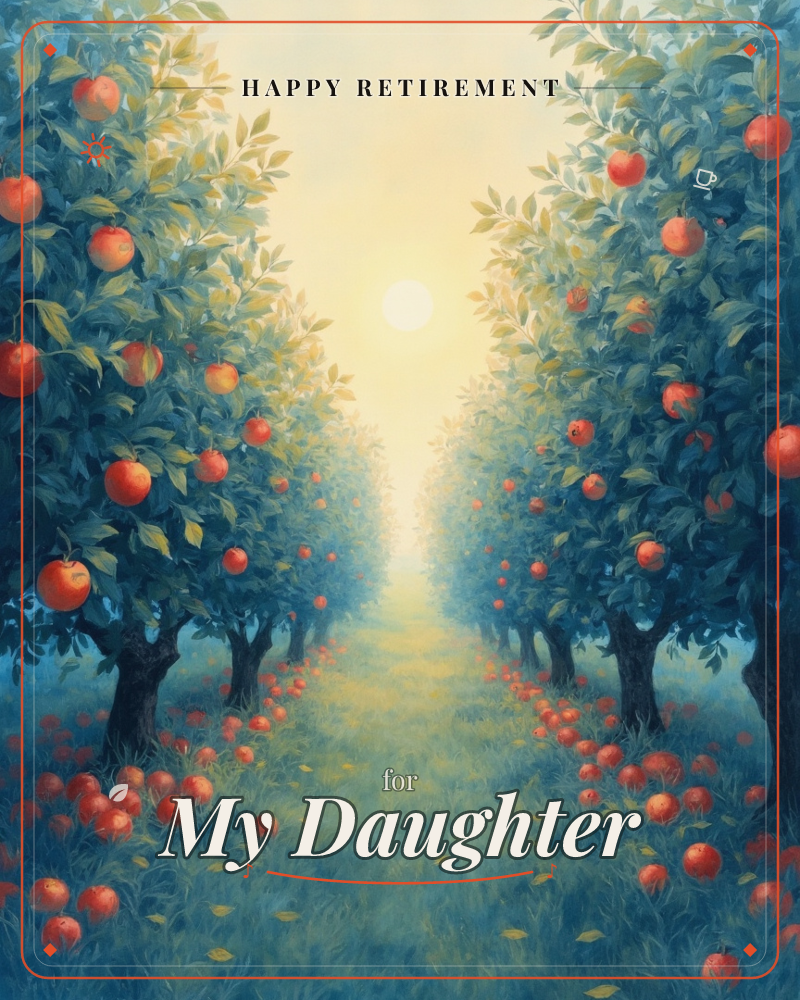 A hazy orchard path stretches toward a pale glowing sun, lined on both sides by apple trees heavy with red fruit, a retirement e-card design