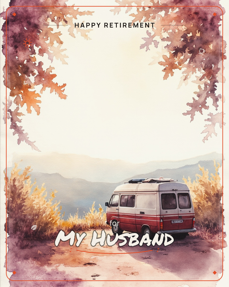 A red-and-white camper van sits parked on a dirt overlook with a roof rack, facing layered misty mountains that fade into pale morning light, a retirement e-card design