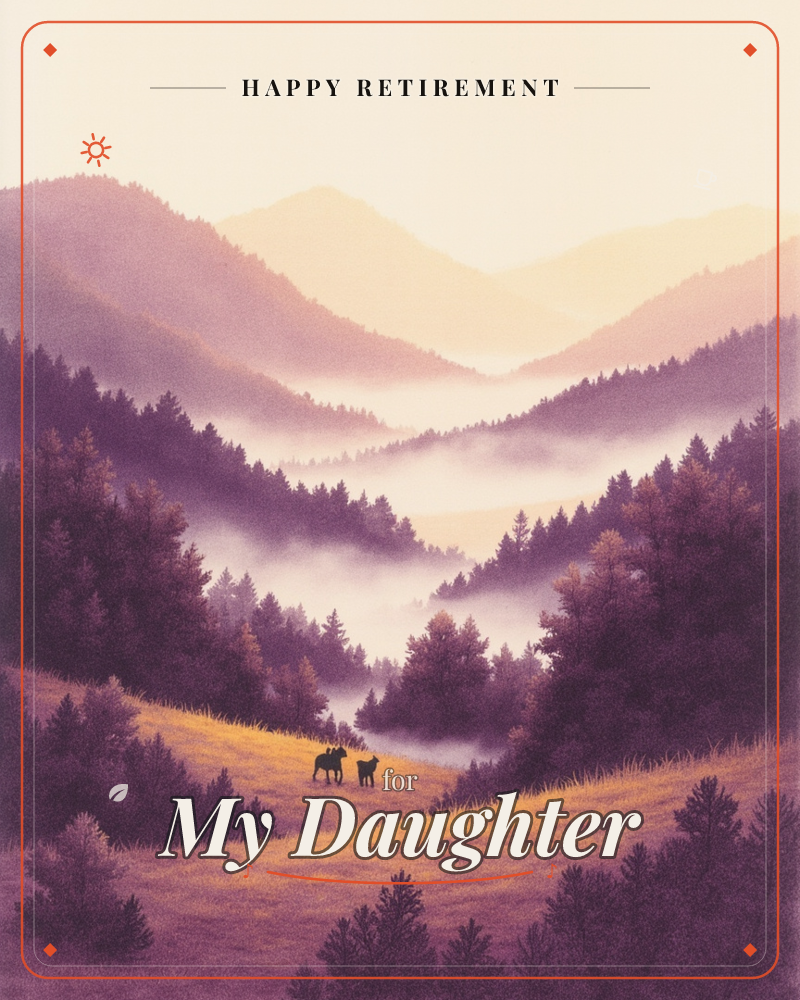 A layered mountain valley glows at dawn, with pine-covered ridges fading into soft purple haze and mist pooling low between the hills, a retirement e-card design
