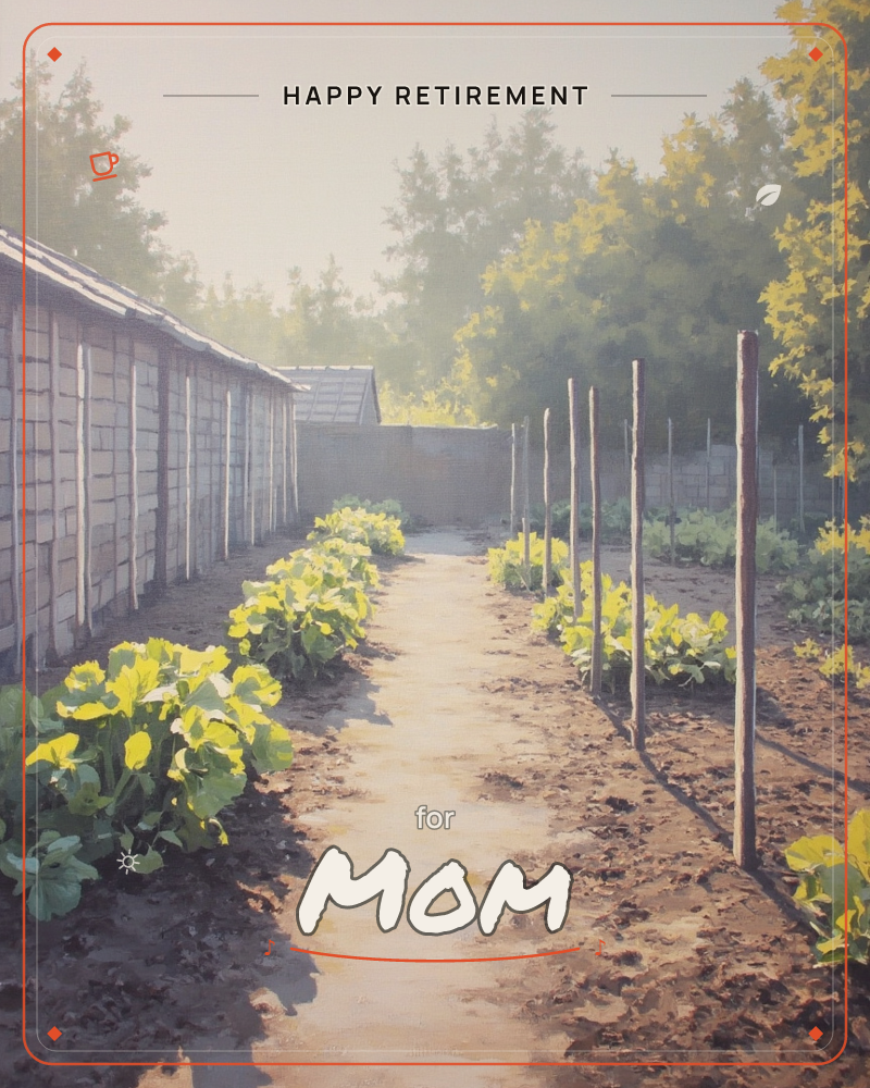 A misty garden path stretches between rows of squash plants and wooden bean poles, a weathered shed lining one side, a retirement e-card design