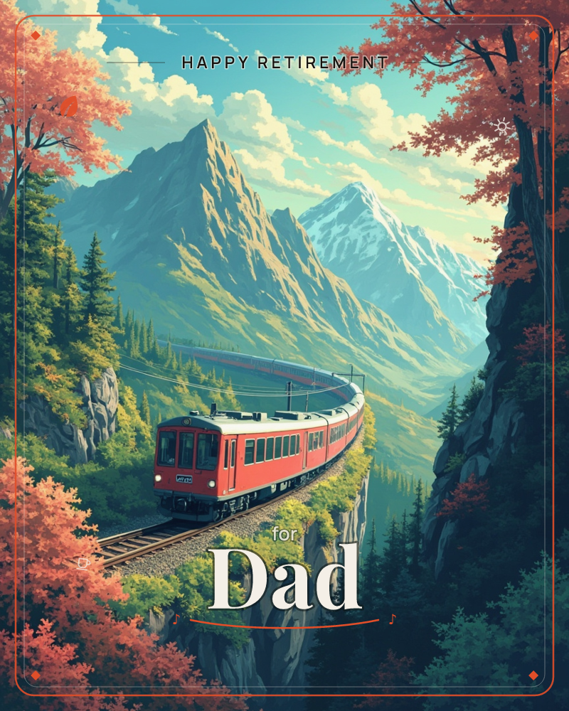A red mountain train curves along a cliffside track through an autumn valley, framed by orange-leafed trees and evergreen pines, a retirement e-card design