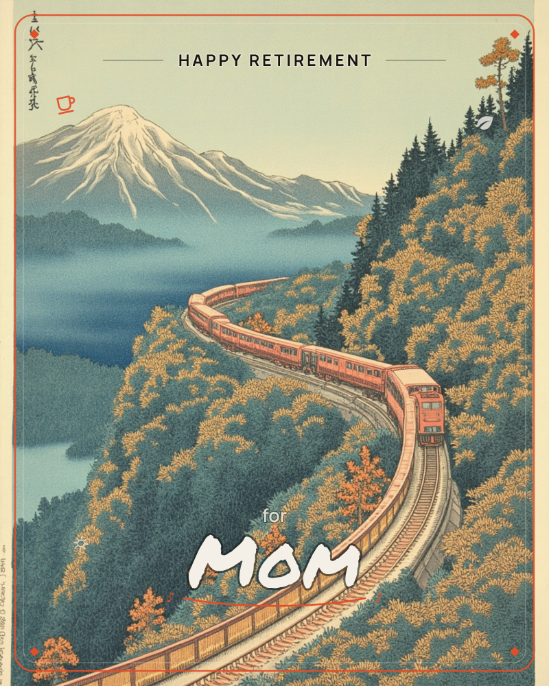 A red train curves along a mountain track through slopes covered in golden autumn foliage, with a mist-filled valley and lake below and a snow-capped…, a retirement e-card design