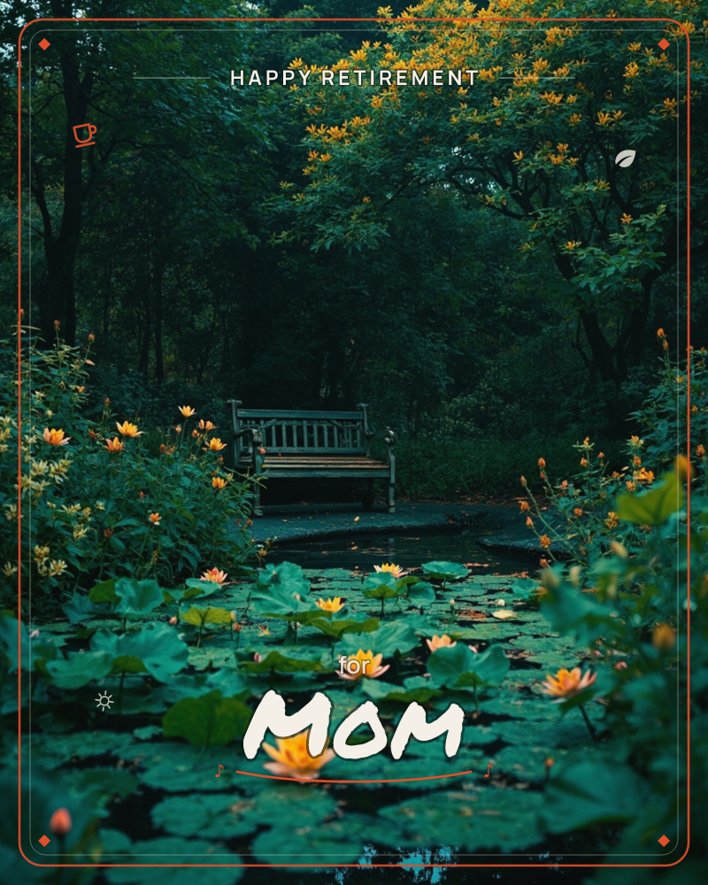 A weathered wooden bench sits at the edge of a still pond thick with lily pads and glowing orange water lilies, tucked beneath a dense canopy of dark…, a retirement e-card design