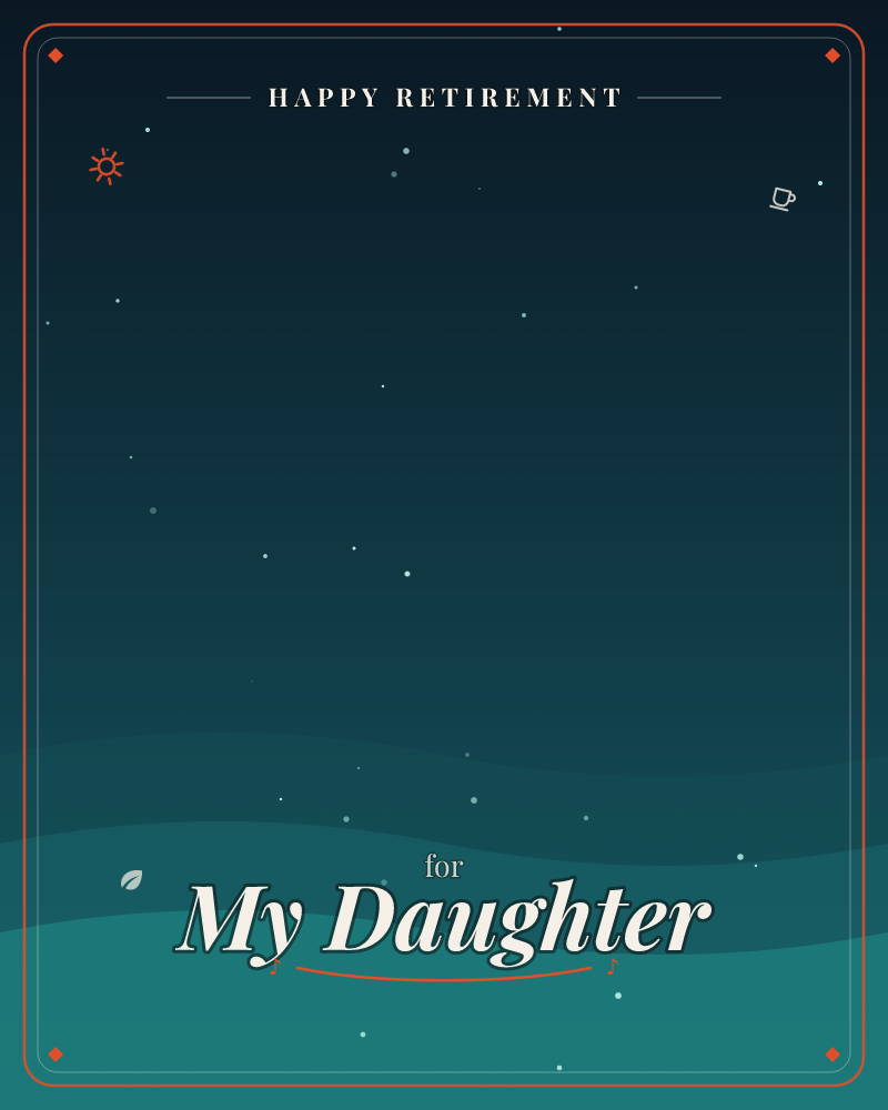 A deep teal-to-black night sky fades down into soft rolling hills, with scattered stars glowing faintly across the whole scene, a retirement e-card design by @DittyCityTeam
