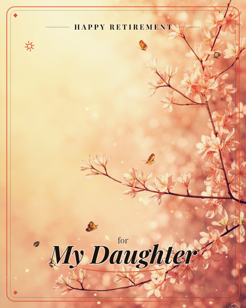 A cherry blossom branch stretches across the frame against a hazy golden-pink sky, its pale pink flowers glowing in soft light, a retirement e-card design