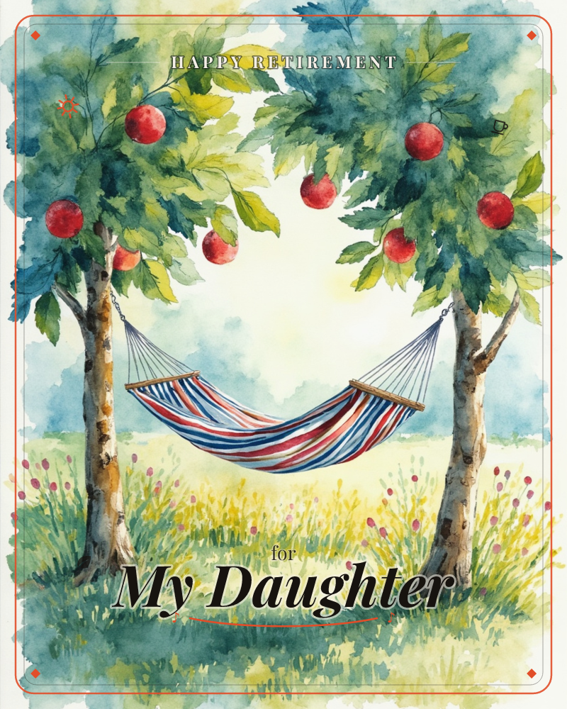 A striped red, white and blue hammock hangs slack between two apple trees heavy with round red fruit, framed by a soft meadow of golden grass and…, a retirement e-card design