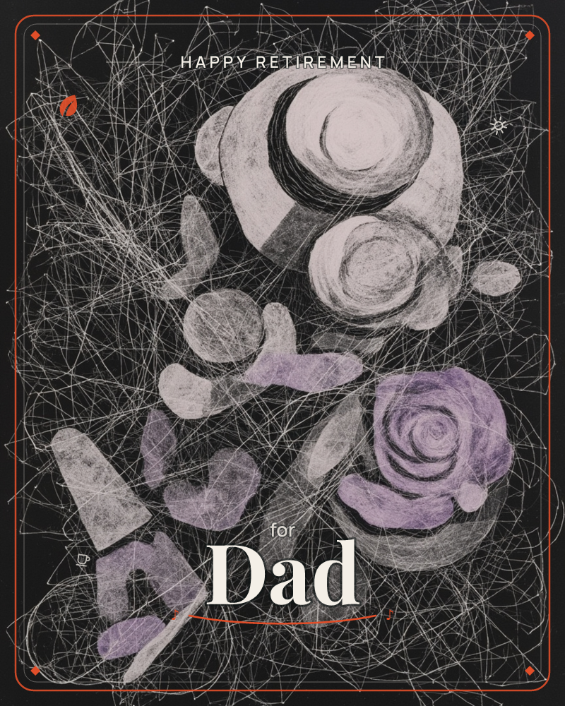 A black background is scratched all over with a tangle of fine white lines, like static or thorny scribble, and out of that haze float rough charcoal…, a retirement e-card design
