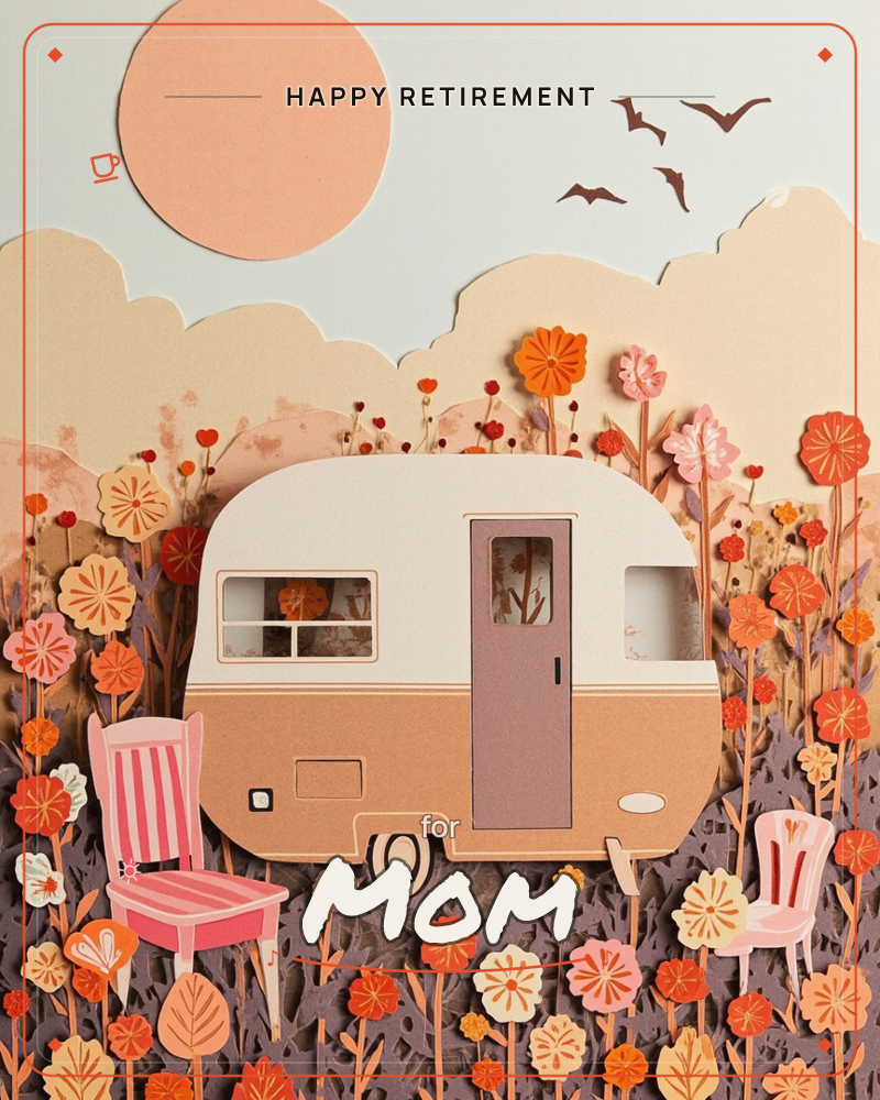 A cream and peach camper trailer sits parked in a field of oversized paper flowers, layered like a paper-cut diorama, a retirement e-card design