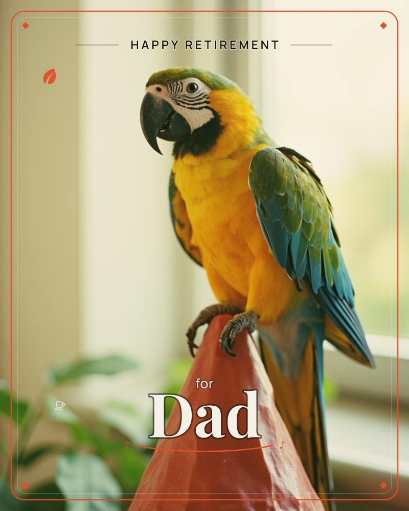 A macaw with a golden-yellow chest and teal-green wings perches on a red wooden ledge in front of a sunlit window, a retirement e-card design