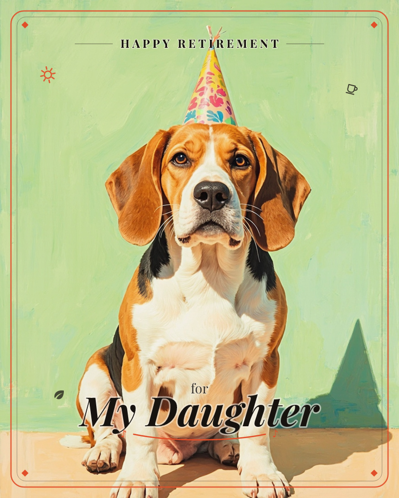 A beagle sits squarely facing forward against a painterly sage-green backdrop, wearing a floral party hat perched between its ears, a retirement e-card design