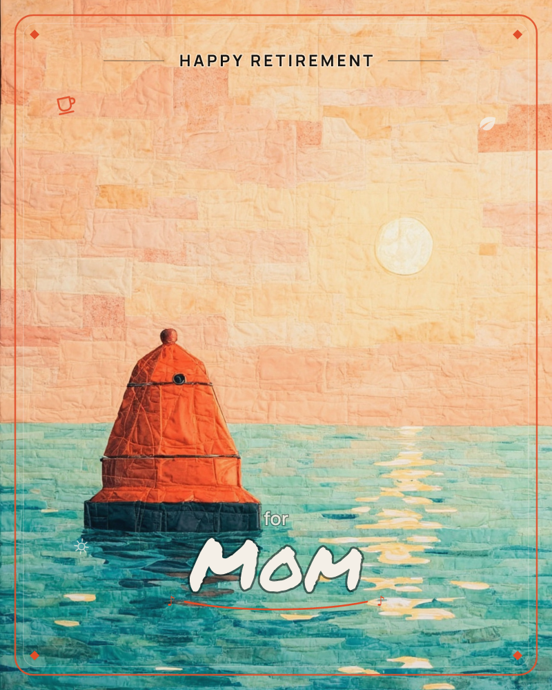 A red channel buoy floats alone on a calm teal sea beneath a patchwork peach-and-pink sky, with a pale full moon or sun hanging low above the water, a retirement e-card design