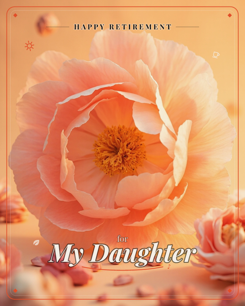 A single peach-pink peony fills the frame, its ruffled petals spiraling inward toward a golden pollen-dusted center, a retirement e-card design