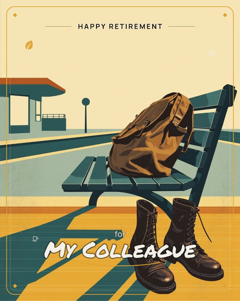 A digital illustration of an empty teal-green bench on a train platform, no people present, a retirement e-card design