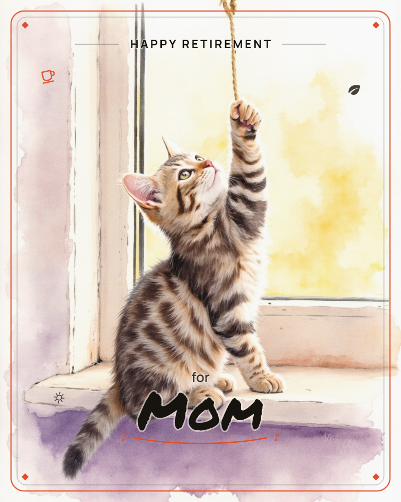 A striped tabby kitten sits on a windowsill, one paw raised to bat at a dangling piece of rope against a glowing yellow window pane, a retirement e-card design