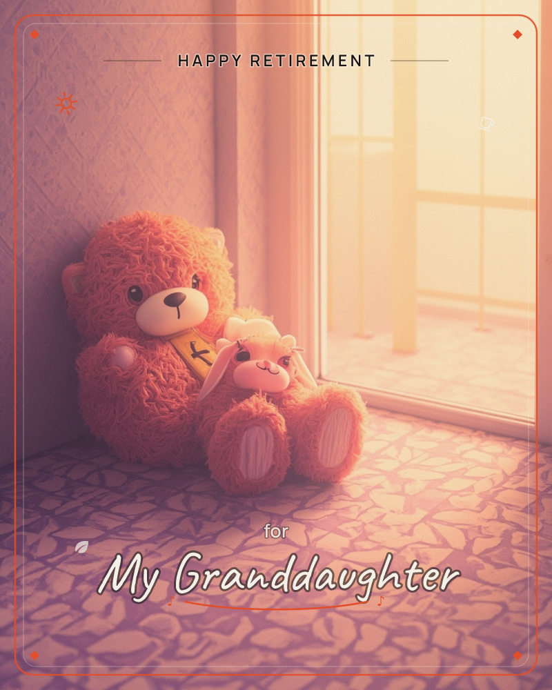 A shaggy orange teddy bear sits propped in a corner beside a patterned rug, holding a small plush bunny in its lap, a retirement e-card design
