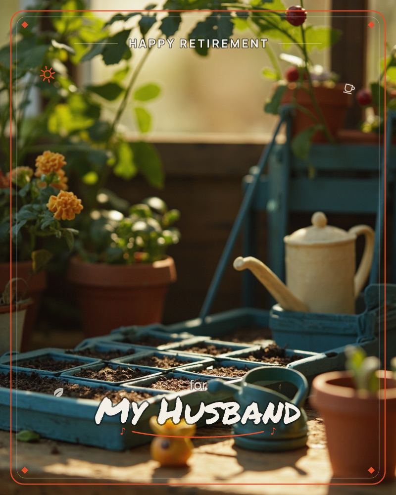 A sunlit greenhouse potting bench holds a weathered blue seed tray filled with dark soil, flanked by terracotta pots of marigolds and a small cream…, a retirement e-card design