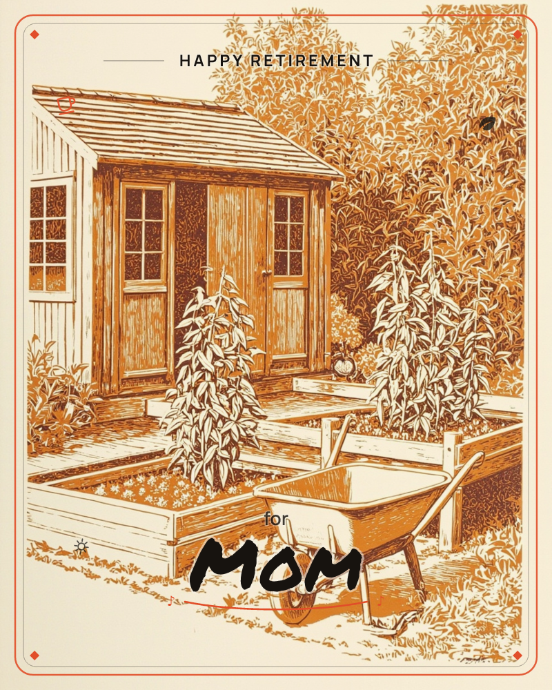 A garden shed with a shingled roof and paned double doors sits behind raised wooden planter boxes thick with tall leafy stalks and a small pumpkin, a retirement e-card design