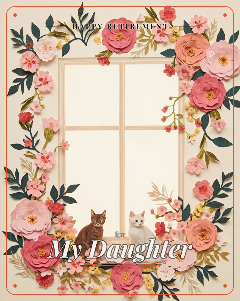 A paper-craft window frame is wrapped in a lush garland of pink, coral and red blooms with deep green leaves, and two cats, one brown tabby and one…, a retirement e-card design