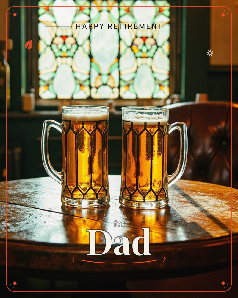 Two full glass tankards of golden beer sit side by side on a polished wooden pub table, their handles turned outward and reflections glowing in the wood, a retirement e-card design