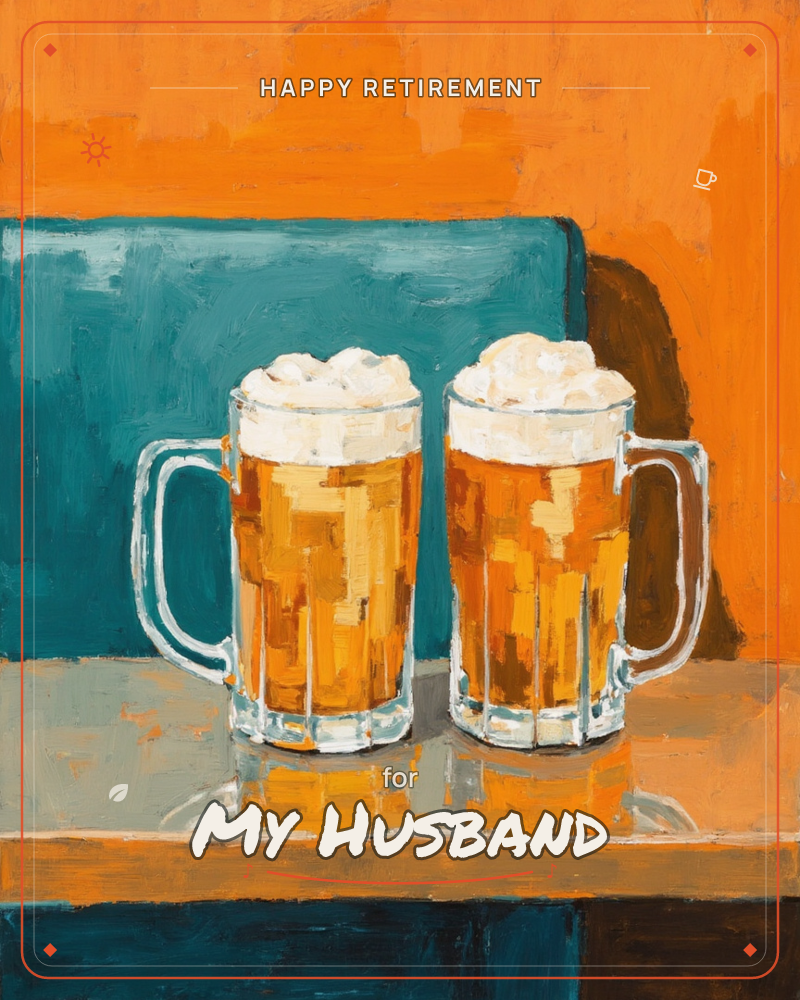 Two frothy pints of beer sit side by side on a glossy tabletop, their reflections glowing beneath them, a retirement e-card design