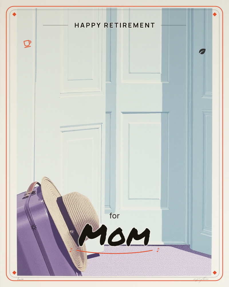 A purple suitcase and a straw hat wait by a panelled door left slightly ajar, sunlight slanting across it in cool blue and white, a retirement e-card design