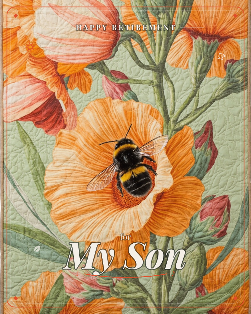 A large bumblebee rests on the open petals of an orange poppy, surrounded by more blooms in coral and cream and soft sage leaves, a retirement e-card design