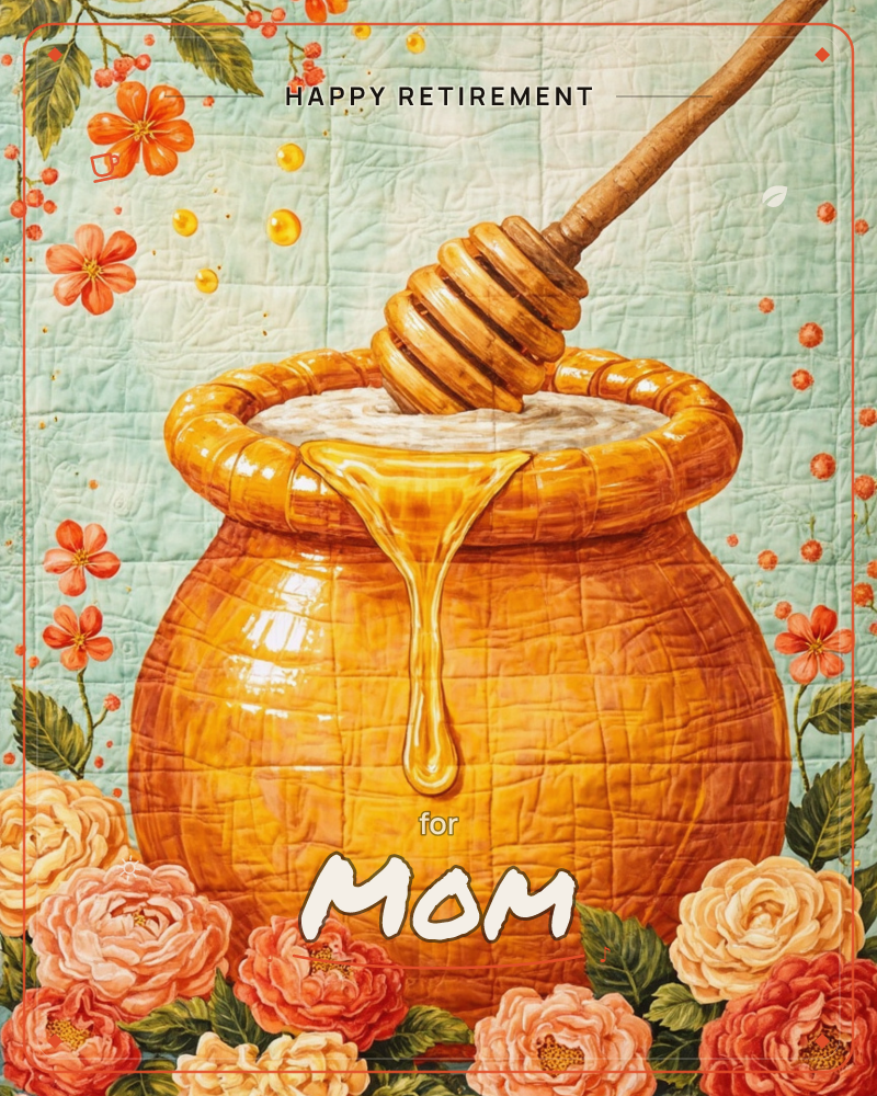 A round honey pot glows amber against a soft quilted mint background, its wooden dipper resting inside as a thick drip of honey trails down the rim, a retirement e-card design