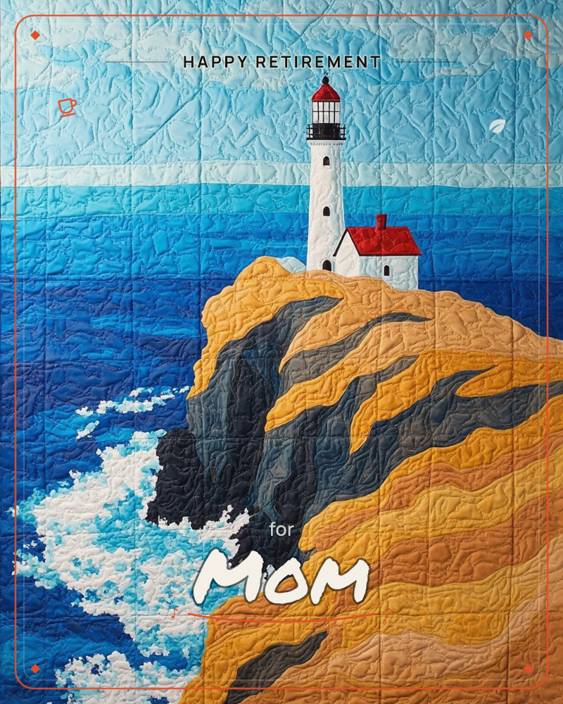 A quilted textile illustration shows a white lighthouse with a red-capped tower standing atop a golden, layered cliff beside a small red-roofed cottage, a retirement e-card design