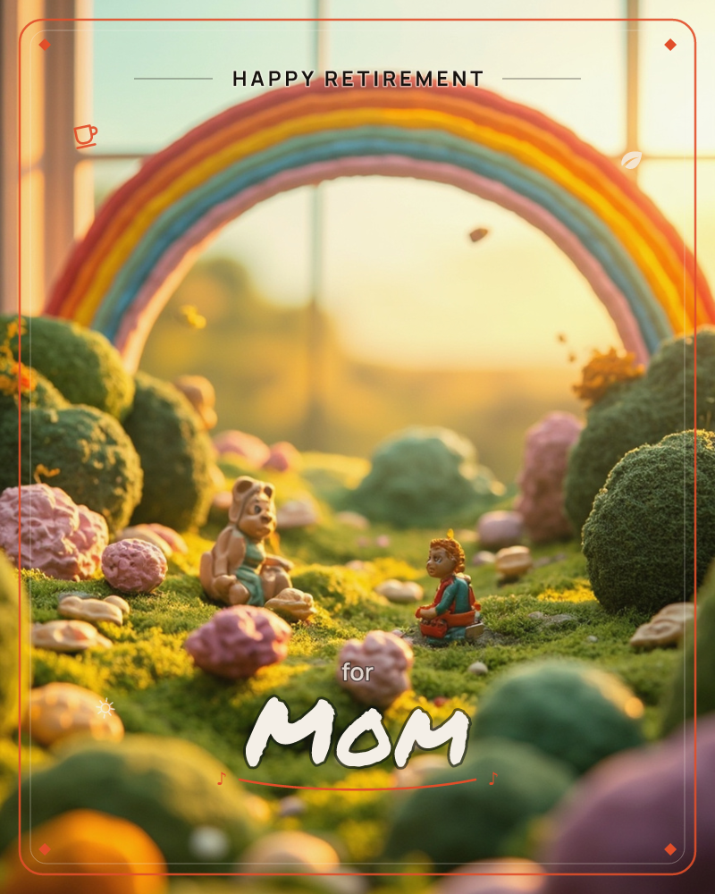 A miniature felted landscape glows in golden sunlight, with mossy hills, pastel pom-pom flowers, and a knitted rainbow arching through a sunlit window…, a retirement e-card design