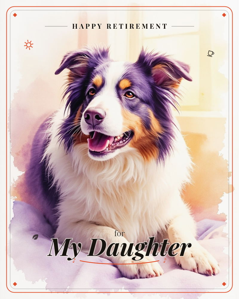 A shaggy tricolour dog with a purple-tinged coat lies on a soft surface, mouth open in a happy pant, against a warm blurred interior glow of ochre and…, a retirement e-card design