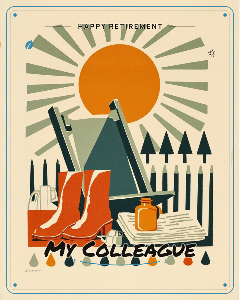 A bold retro-style print shows a radiant orange sun casting sage-green rays over a still life of winter gear: fur-trimmed orange boots, a pair of skis…, a retirement e-card design