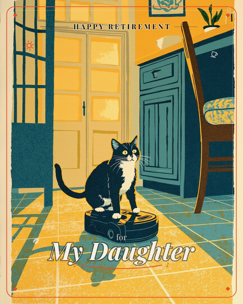 A tuxedo cat perches proudly atop a robot vacuum in a warmly lit kitchen, its golden eyes wide and whiskers alert, a retirement e-card design