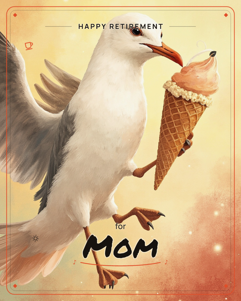 A seagull swoops through a warm, hazy sky clutching a stolen ice cream cone in one clawed foot, wings spread mid-flight, a retirement e-card design