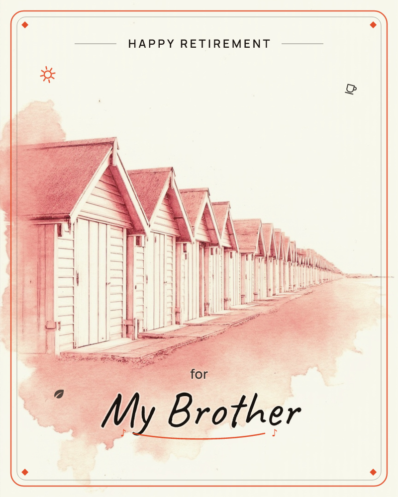 A row of gabled beach huts stretches into the distance along a shoreline, rendered entirely in soft washes of rose-pink and terracotta ink, a retirement e-card design