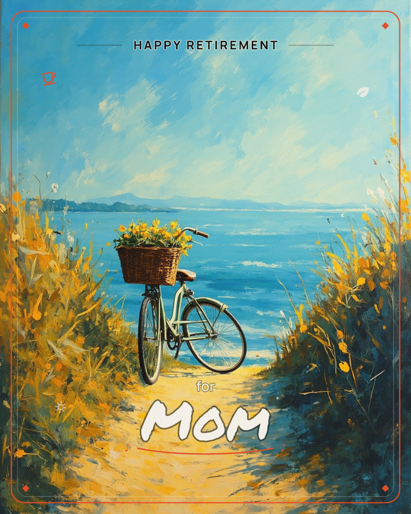 A cream-coloured bicycle with a wicker basket of yellow flowers rests on a sandy path bordered by tall golden grasses, facing out toward a wide blue…, a retirement e-card design