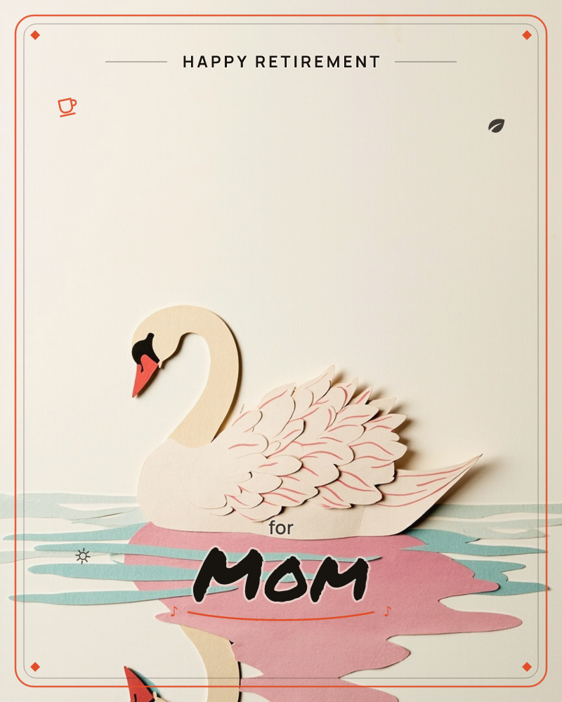 A paper-cut swan glides across layered water, its feathers built from delicate cream shapes with fine pink line-work, a retirement e-card design