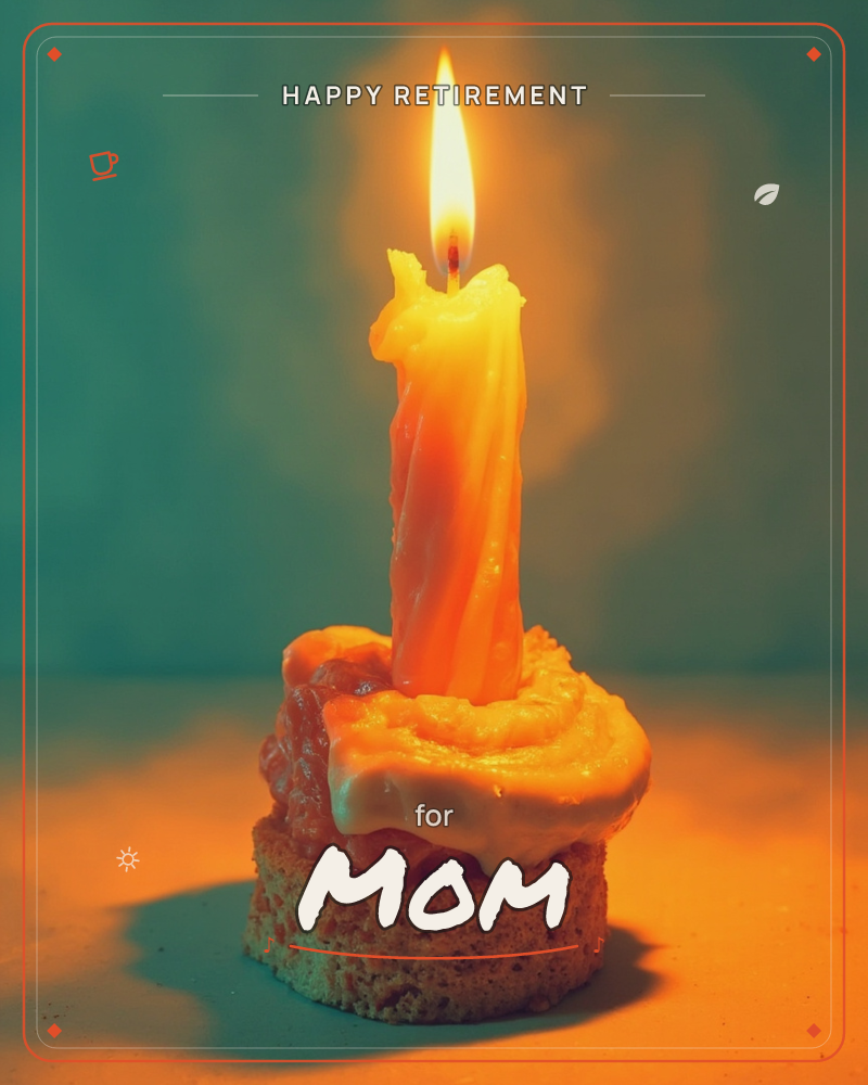 A single lit candle leans slightly atop a frosted cupcake, its flame glowing bright against a moody teal backdrop, a retirement e-card design