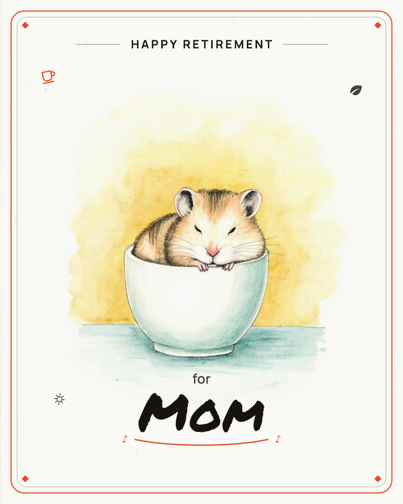 A small hamster naps snugly inside a plain white bowl, its paws draped over the rim and eyes closed in contentment, a retirement e-card design