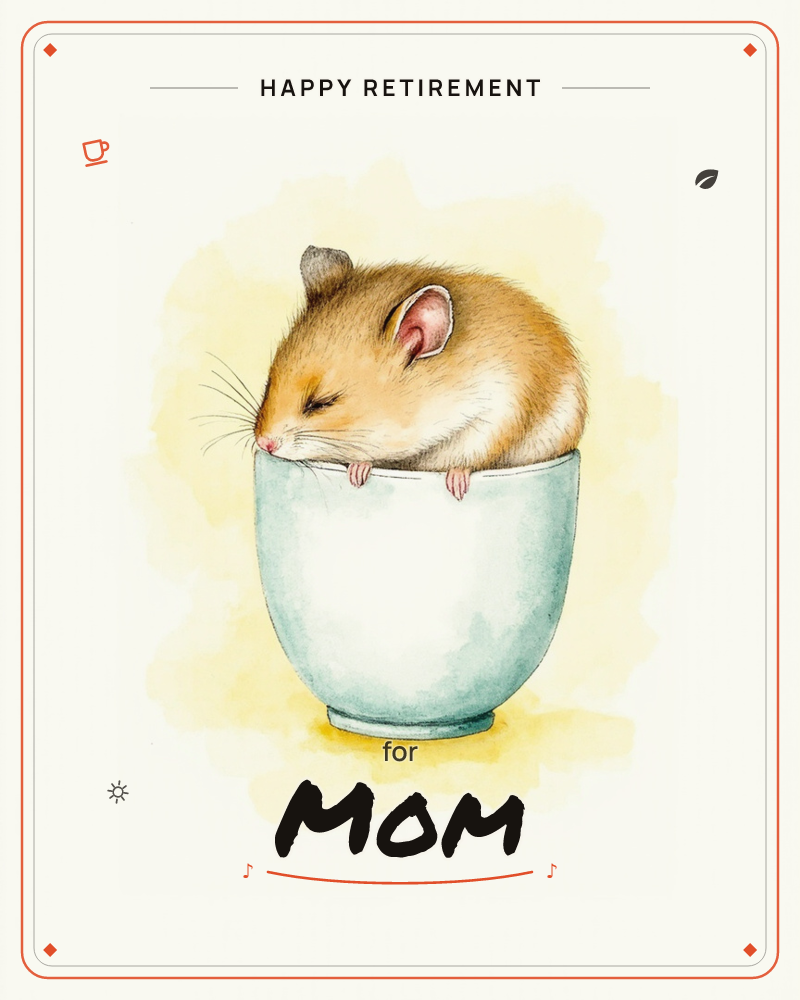 A plump little hamster naps curled inside a pale mint-green teacup, its paws draped over the rim and eyes shut in contentment, a retirement e-card design