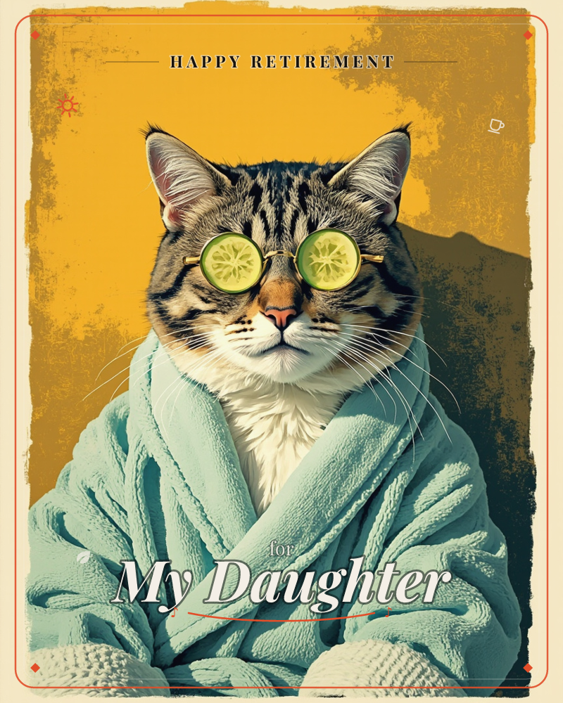 A tabby cat sits wrapped in a soft mint spa robe, cucumber slices perched over its eyes like tiny green glasses, all set against a bold mustard-yellow…, a retirement e-card design