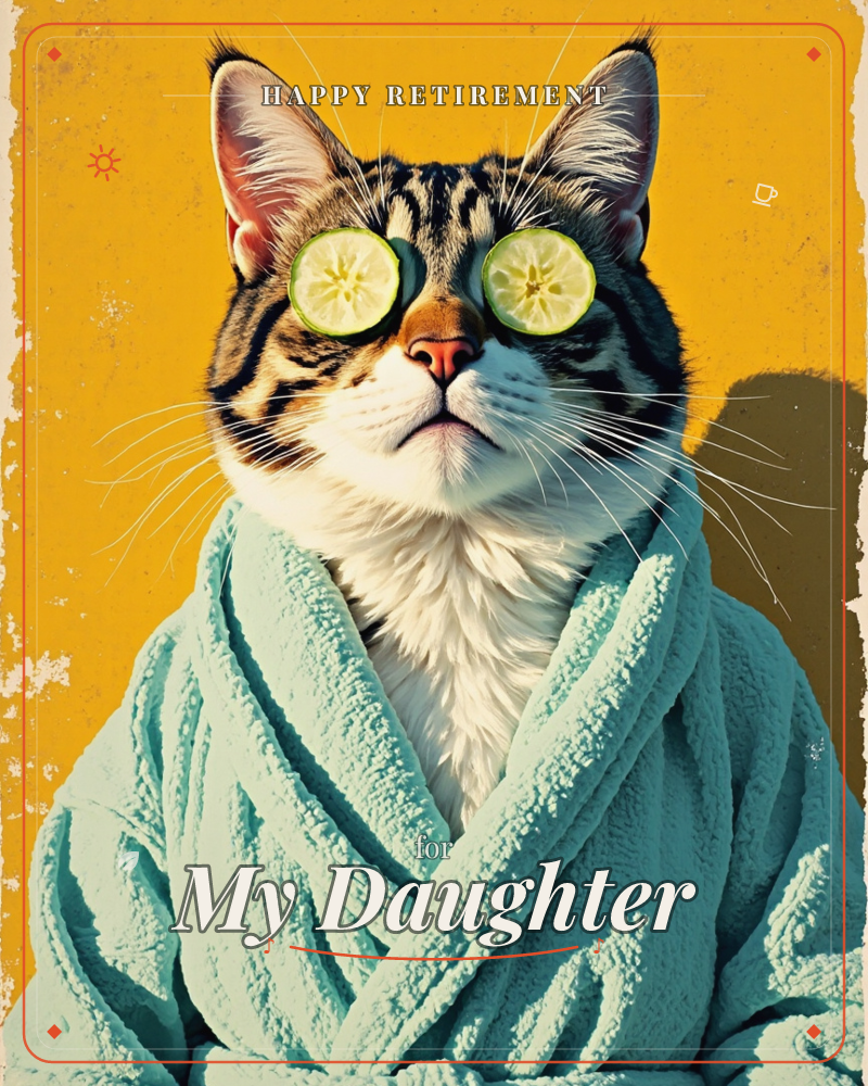 A tabby cat sits wrapped in a plush teal spa robe against a bold mustard-yellow background, chin lifted in blissful relaxation with a slice of cucumber…, a retirement e-card design