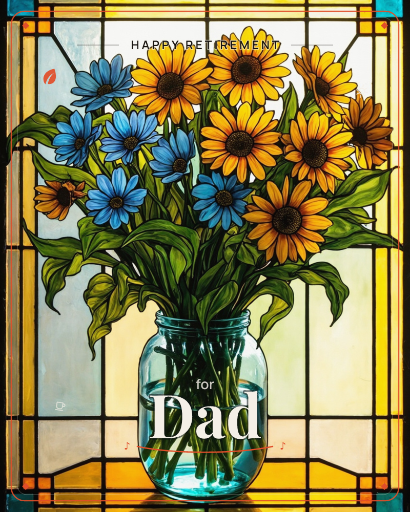 A glass jar of sunflowers and blue daisies sits against a stained-glass window, its leaded panes glowing amber and pale gold behind the bouquet, a retirement e-card design