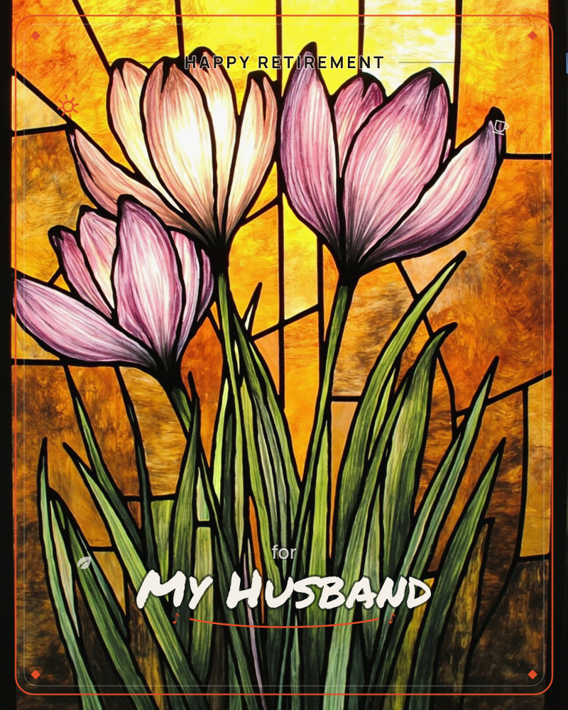 A stained-glass style illustration of crocus flowers in full bloom, their petals rendered in pale cream and deep pink with dark leaded outlines…, a retirement e-card design