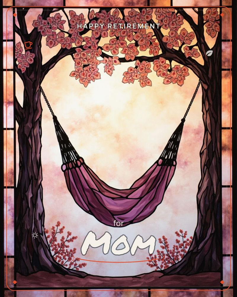 A stained-glass style illustration shows a purple hammock strung between two gnarled trees, their branches meeting overhead in a canopy of coral-pink…, a retirement e-card design